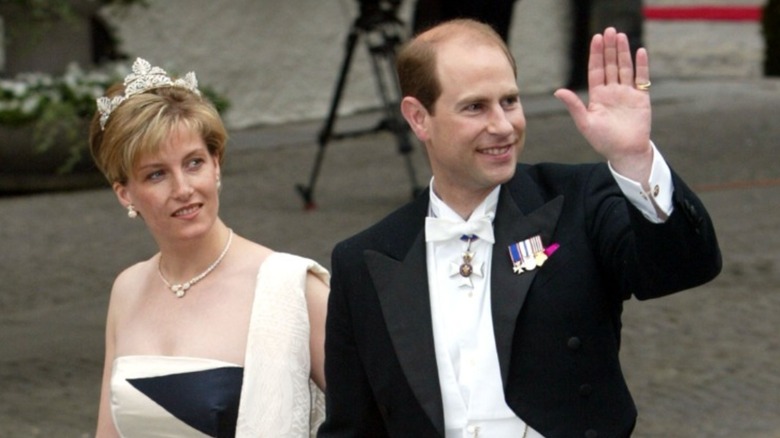 Sophie, Duchess of Edinburgh wearing a black and whire dress at a royal wedding