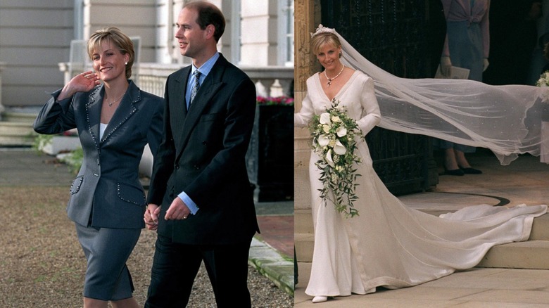 Sophie Duchess of Edinburgh and Prince Edward announce their engagement and Sophie Duchess of Edinburgh in her wedding dress