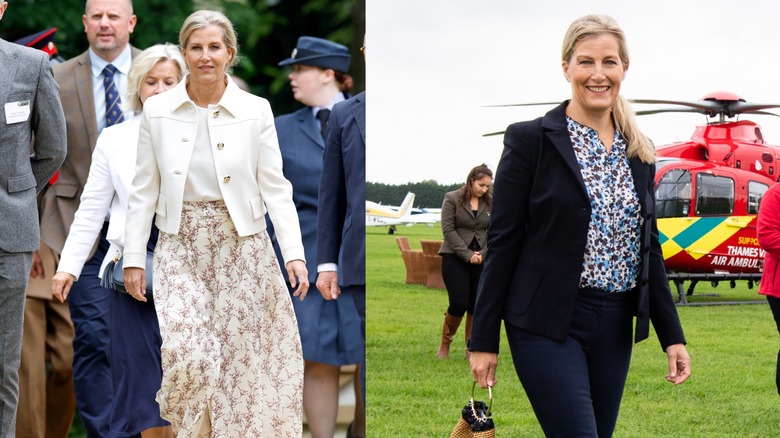 Sophie, Duchess of Edinburgh walks down the street in a cropped jacket and skirt combo and visits a helicopter port while wearing a blouse, trousers, and a jacket