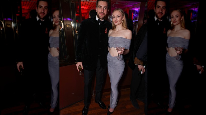 Sophie Turner gray top and skirt with Peregrine Pearson