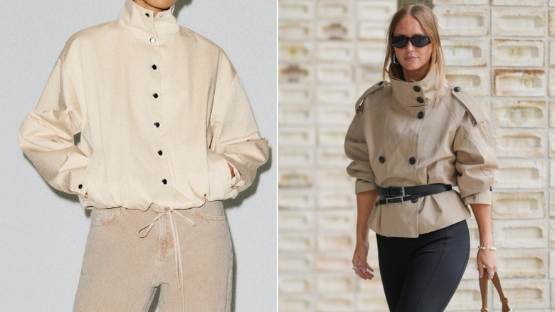 A woman wearing a spring outfit made of a funnel jacket and belt