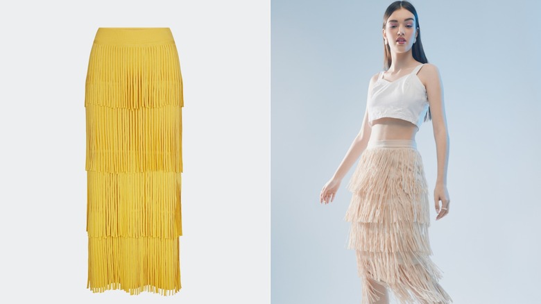 A fringe skirt which is perfect for spring 2026 in butter (L) & A woman wearing a fringe skirt and a crop top