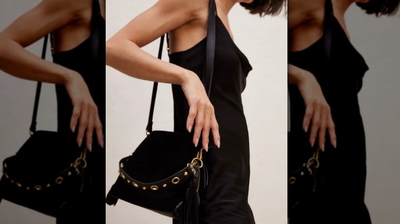 Suede crossbody bag on model