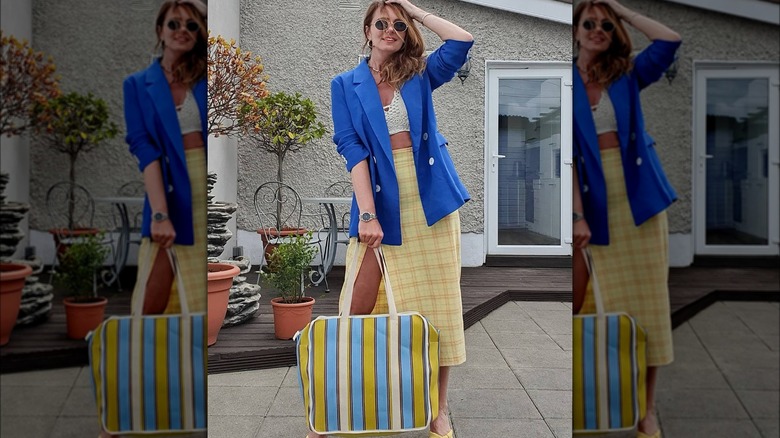 Blue, yellow, and beige handbag