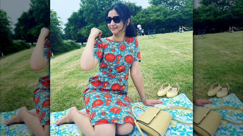 woman with a structured handbag