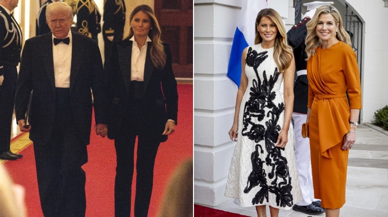 Donald and Melania Trump in tuxedos, and Melania with Queen Maxima at the White House