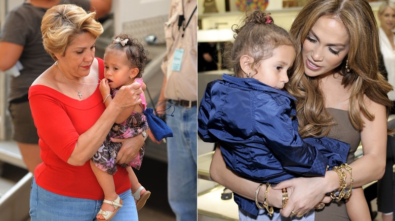 Split image of Emme Muñiz on the left wearing a bowtie in her hair in 2009 and wearing a blue jacket with a pink bow in 2010 on the right.