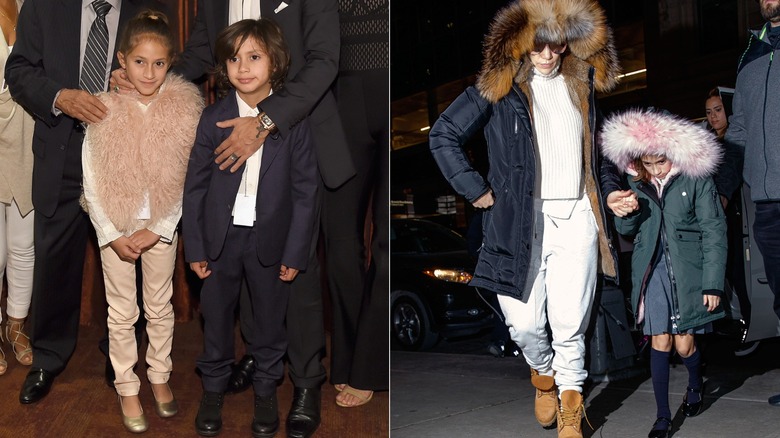 Split image of Emme Muñiz wearing a furry coat next to their brother on the left, and wearing a coat with a pink fur hood on the right.