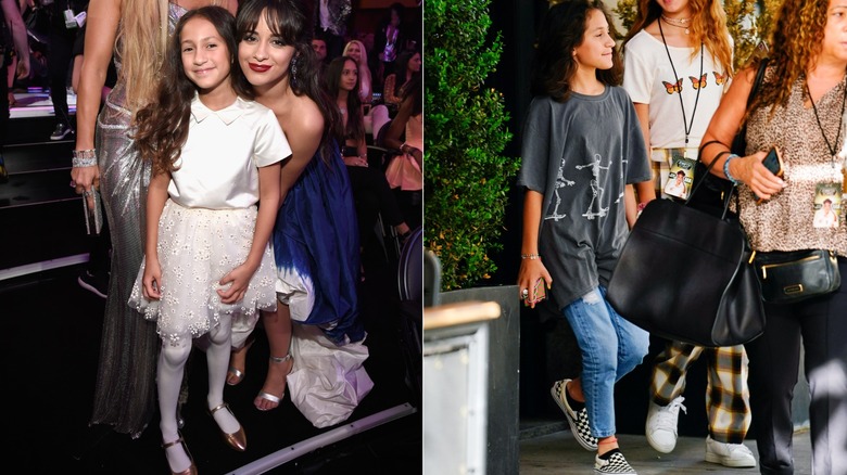 Split image of Emme Muñiz wearing a white outfit on the left, and wearing jeans and a t-shirt on the right.