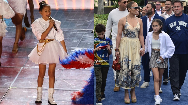 Split image of Emme Muñiz  singing and wearing a white outfit on the left and with their mother and brother on the right.