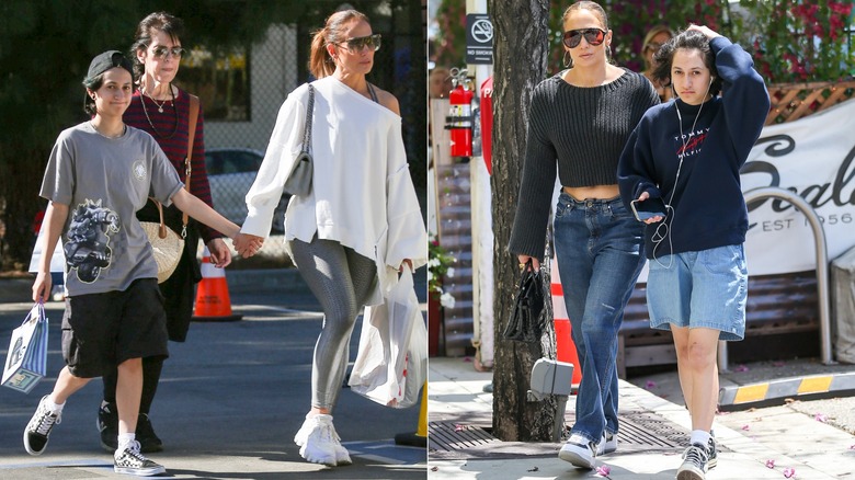 Split image of Emme Muñiz walking with their mom wearing a baggy shirt and shorts on the left, and in a blue sweater and denim shorts on the right.