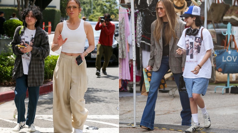 Split image of Emme Muñiz with their mom wearing jeans and plaid shirt on the left, and win a baggy shirt, shorts, and headphones on the right.