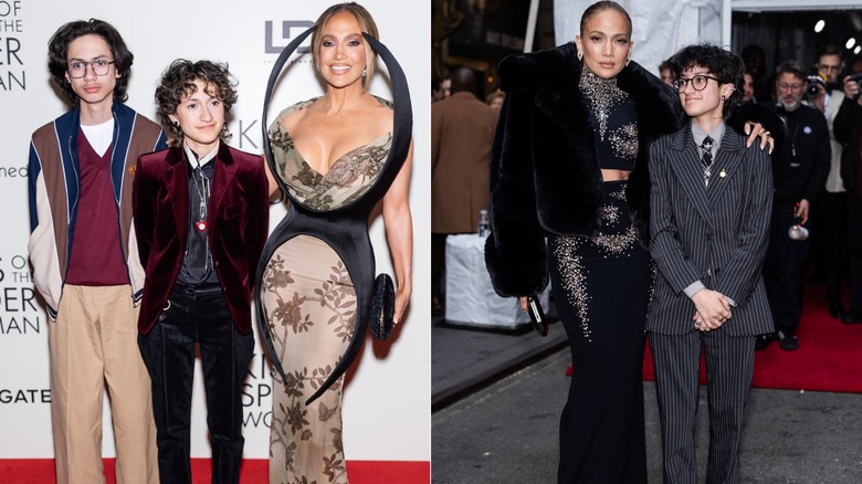 Split image of Emme Muñiz on a red carpet wearing a red velvet jacket on the left and in a pinstripe suit on the right.