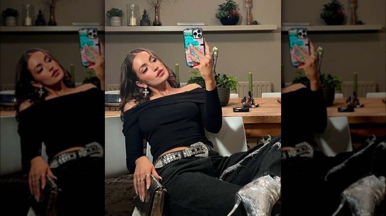 Woman wearing off-the-shoulder top