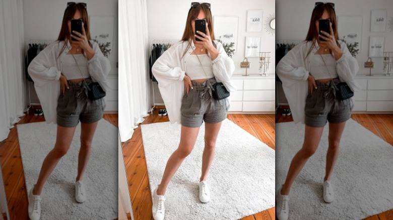 Gray linen paperbag shorts