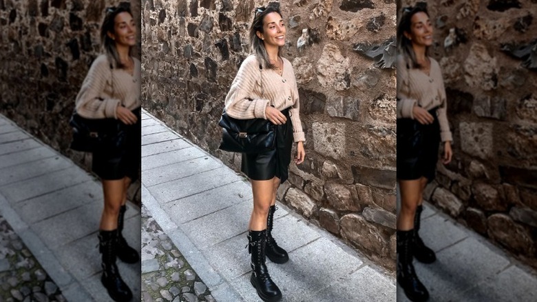 Leather shorts beige sweater