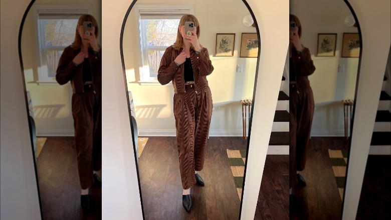 woman wearing corduroy trousers and jacket set