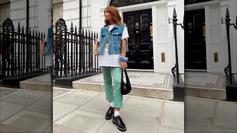 woman wearing green checkered trousers
