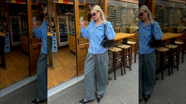 business-casual gray pants blue shirt