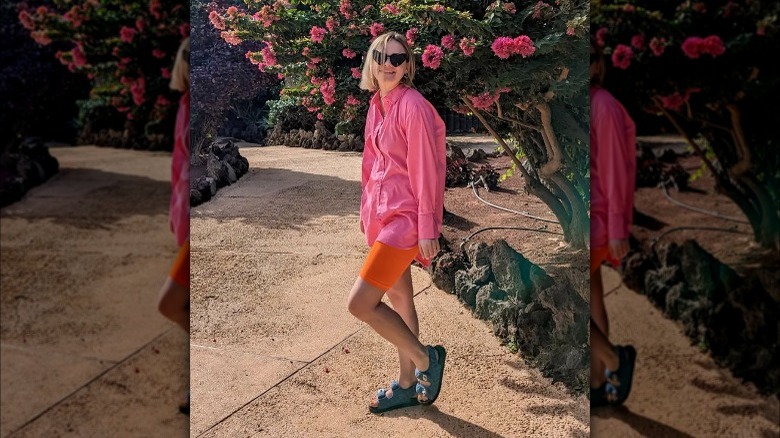 Woman wearing denim sandals