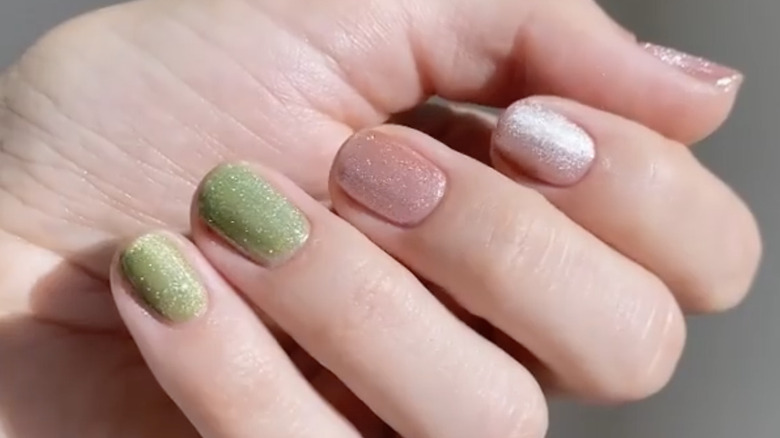 Hand displaying colorful velvet manicure