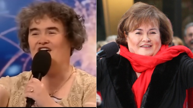 Susan Boyle singing and wearing a black coat