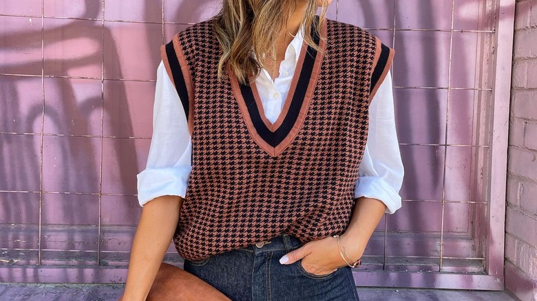 woman wearing a printed sweater