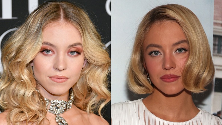 Sydney Sweeney in 2019 with long hair and in 2026 with short hair