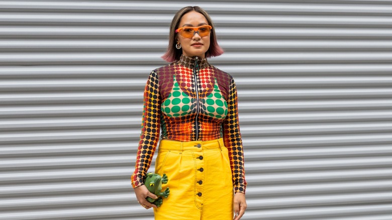 woman wearing printed turtleneck