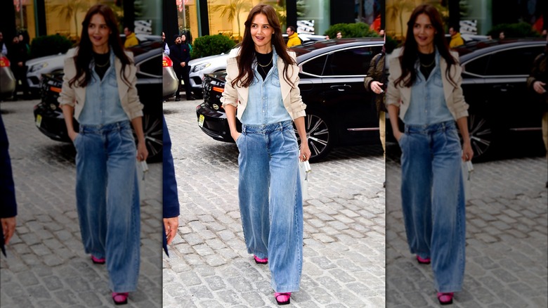 Katie Holmes wearing double denim