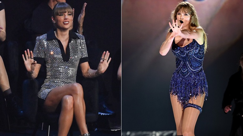 Taylor Swift in a sparkly silver dress at the EMAs and performing in a blue bodysuit on stage