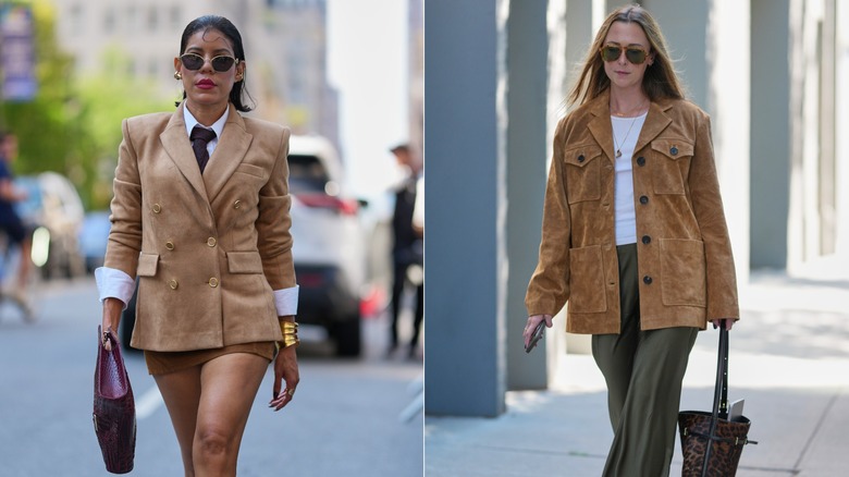 Two women wearing suede jackets in diffferent cuts