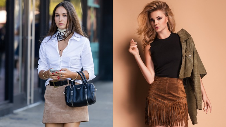 Two women wearing suede skitrts styled in different ways