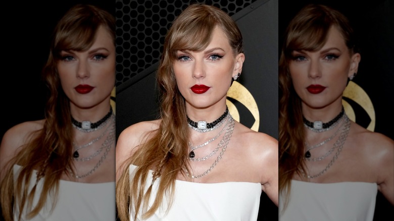 Taylor Swift at the 2024 Grammy Awards red carpet.
