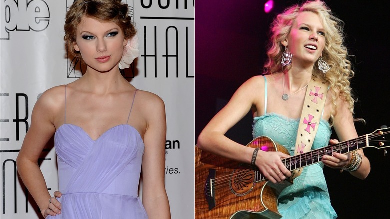 Taylor Swift wearing shades of pastel in the past