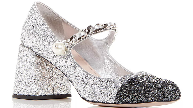 Miu Miu Glitter Block Heel Mary Jane Pumps