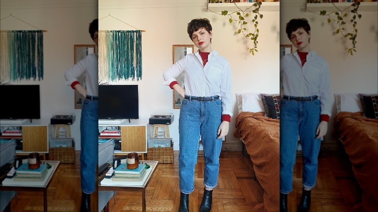 Girl wearing white button-down 