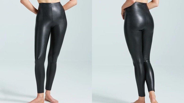 model wearing imitation leather leggings