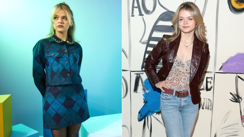 Side-by-side of Kylie Rogers in a matching blue skirt set and a brown leather jacket over a floral camisole.