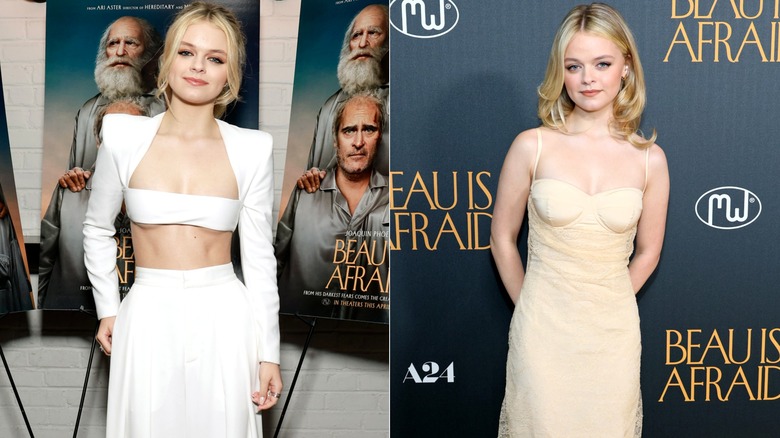 Side-by-side of Kylie Rogers wearing modern white separates and a cream sweetheart gown.