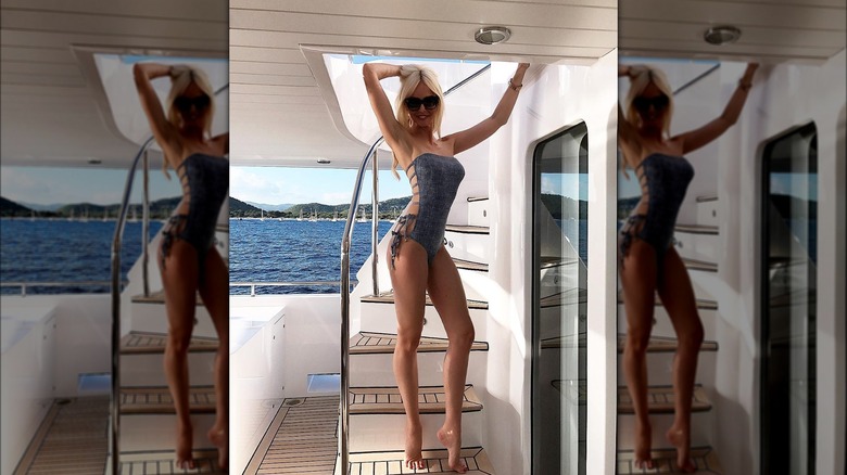 woman with denim bathing suit