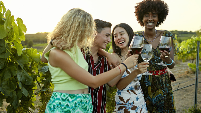Women wine tasting outside 