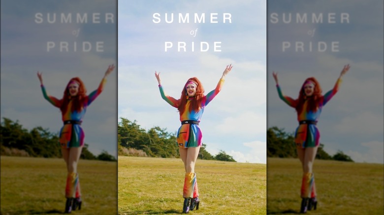 Drag queen Pattie Gonia wearing a rainbow The North Face outfit