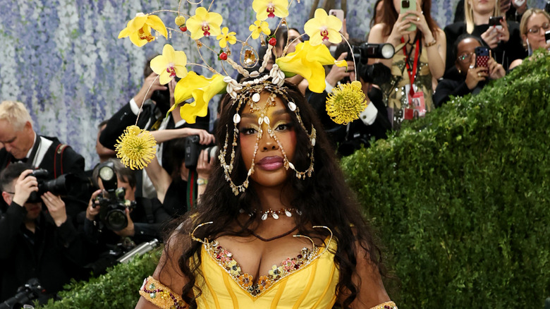 Sza posing at the Met Gala with a floral headpiece and a yellow bustier top.