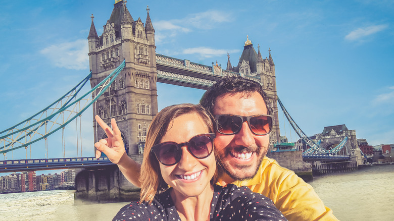 Couple taking selfie in London