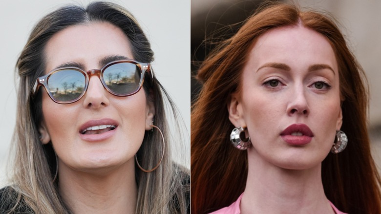 A person with a square face wearing large hoop earrings and a person with a rectangular face wearing medium hoops