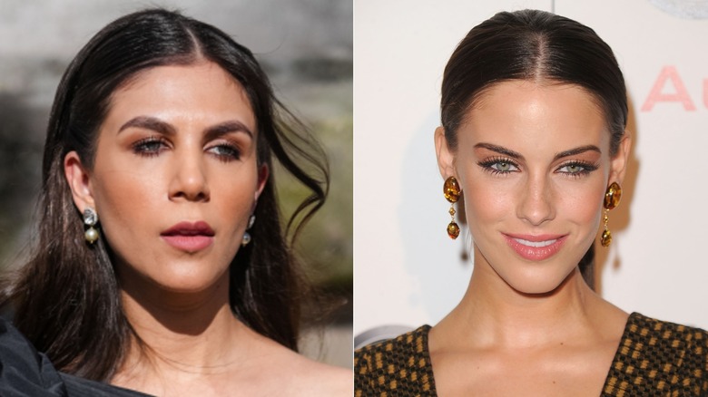 A person with a heart face wearing teardrop earrings and a person with a diamond face wearing tortoiseshell drop earrings