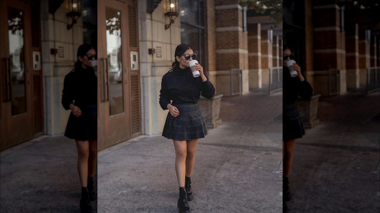 woman wearing academia plaid mini