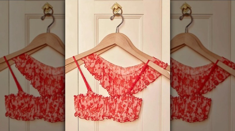 Red frilly floral bra and undies