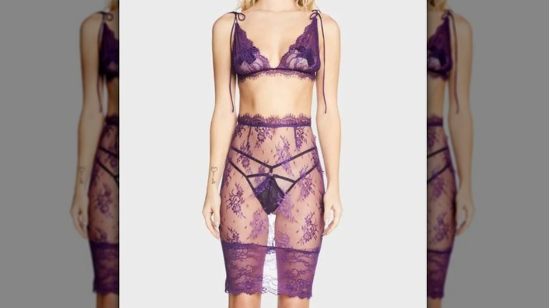 Purple bra and see-through skirt